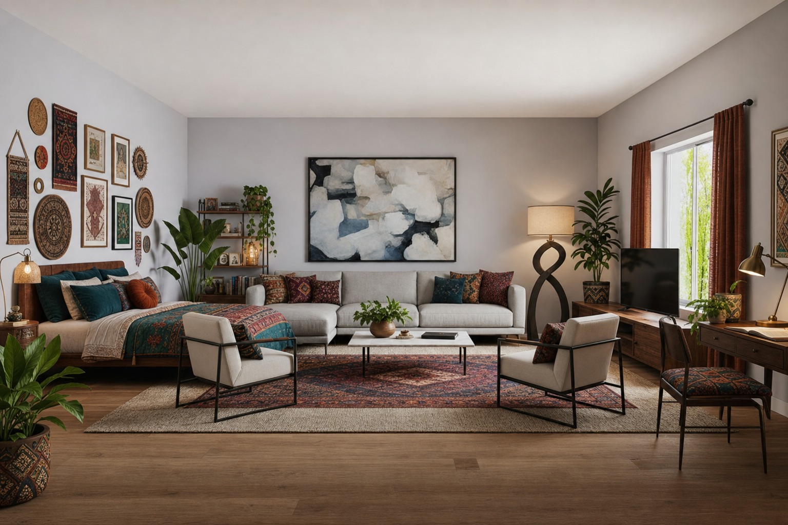 Same empty room redesigned in a bohemian style with bed, sofa, coffee table, chairs, rug, bookshelf, plants, and art