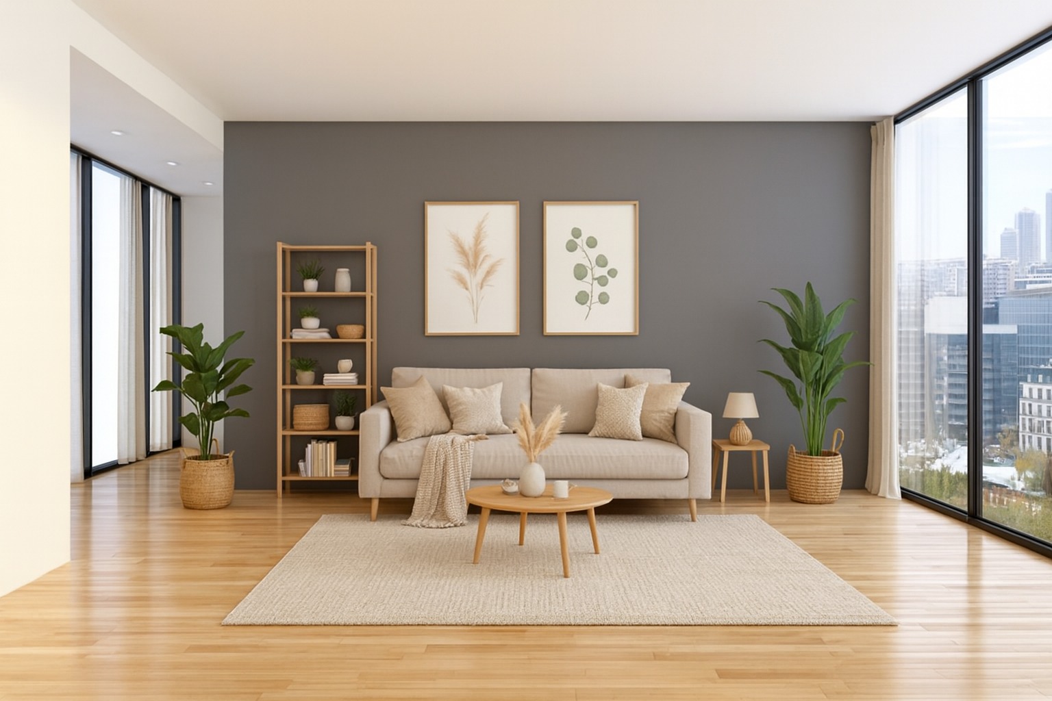 Same apartment redesigned in a Japandi style with a beige sofa, oak coffee table, ladder shelf, and large potted plants