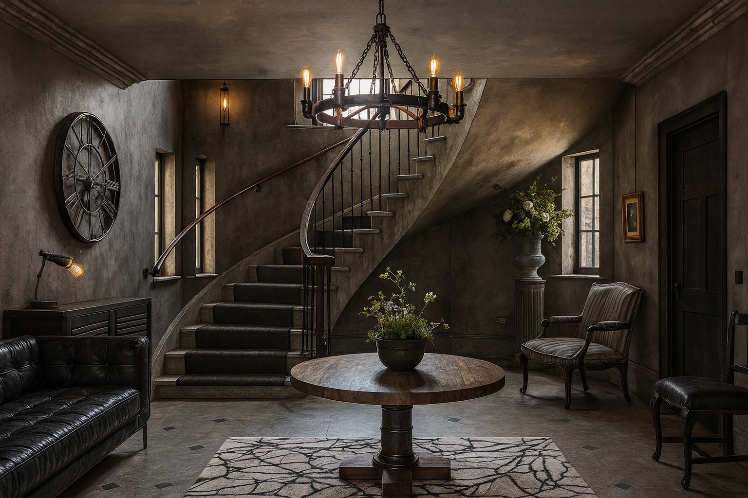 Same entry hall reimagined as a moody dark space with an iron chandelier, leather sofa, and aged plaster walls