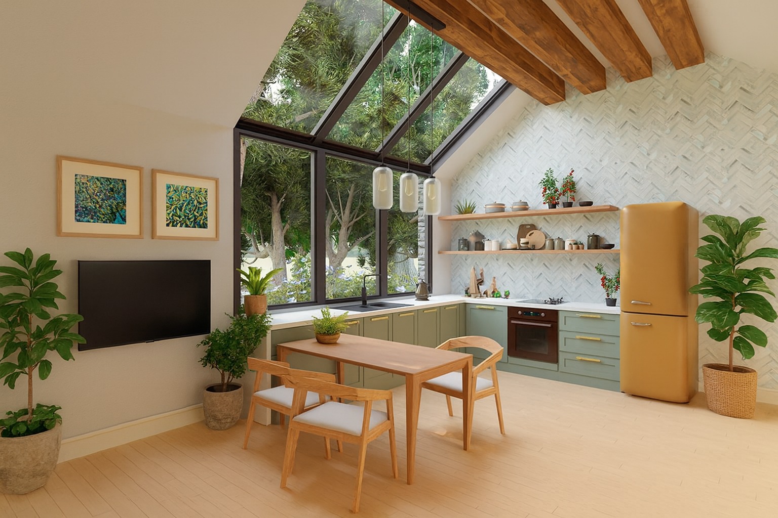 Same kitchen restyled as a biophilic living-and-dining space with a wall-mounted TV, upholstered chairs, and tall potted plants