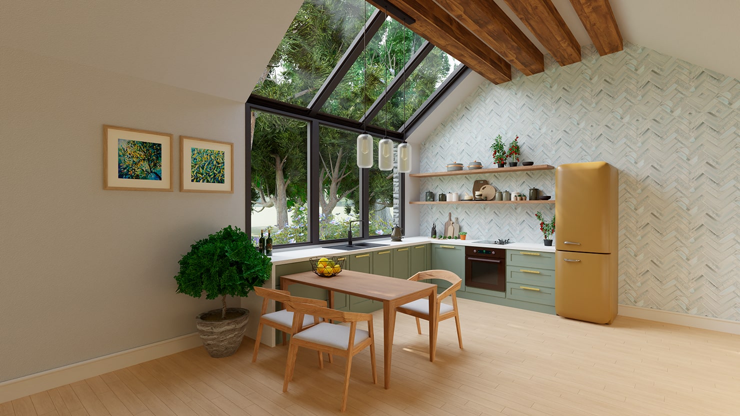 Eat-in kitchen with a skylight A-frame ceiling, sage green cabinets, mustard retro fridge, and a wood dining set