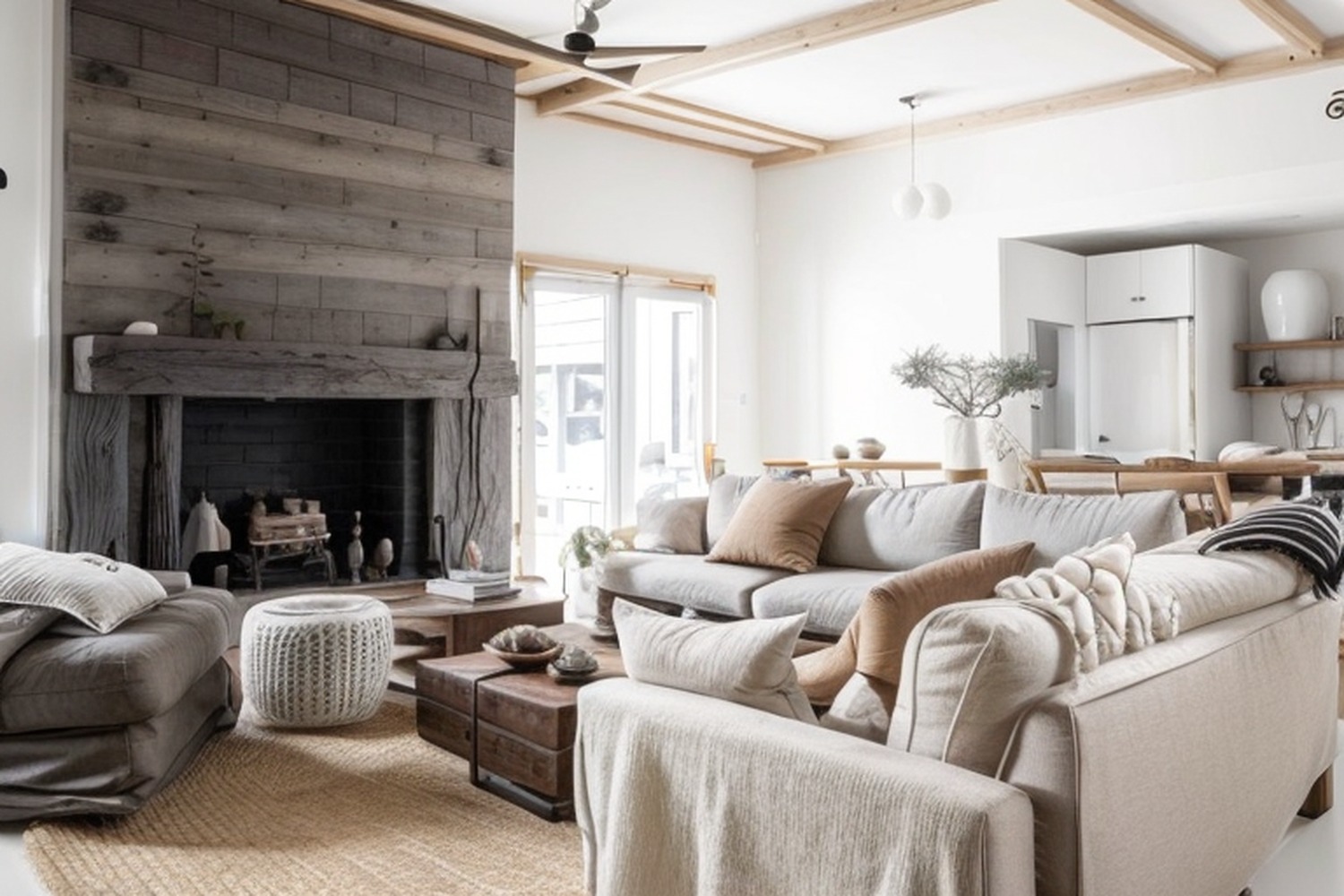 Same living room redesigned in a modern coastal style with light tones, natural textures, and breezy decor