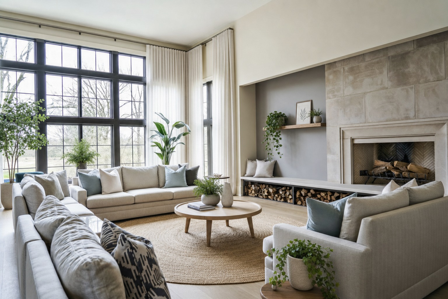 Same living room after AI redesign with sofa, coffee table, shelving, TV stand, and floor lamp