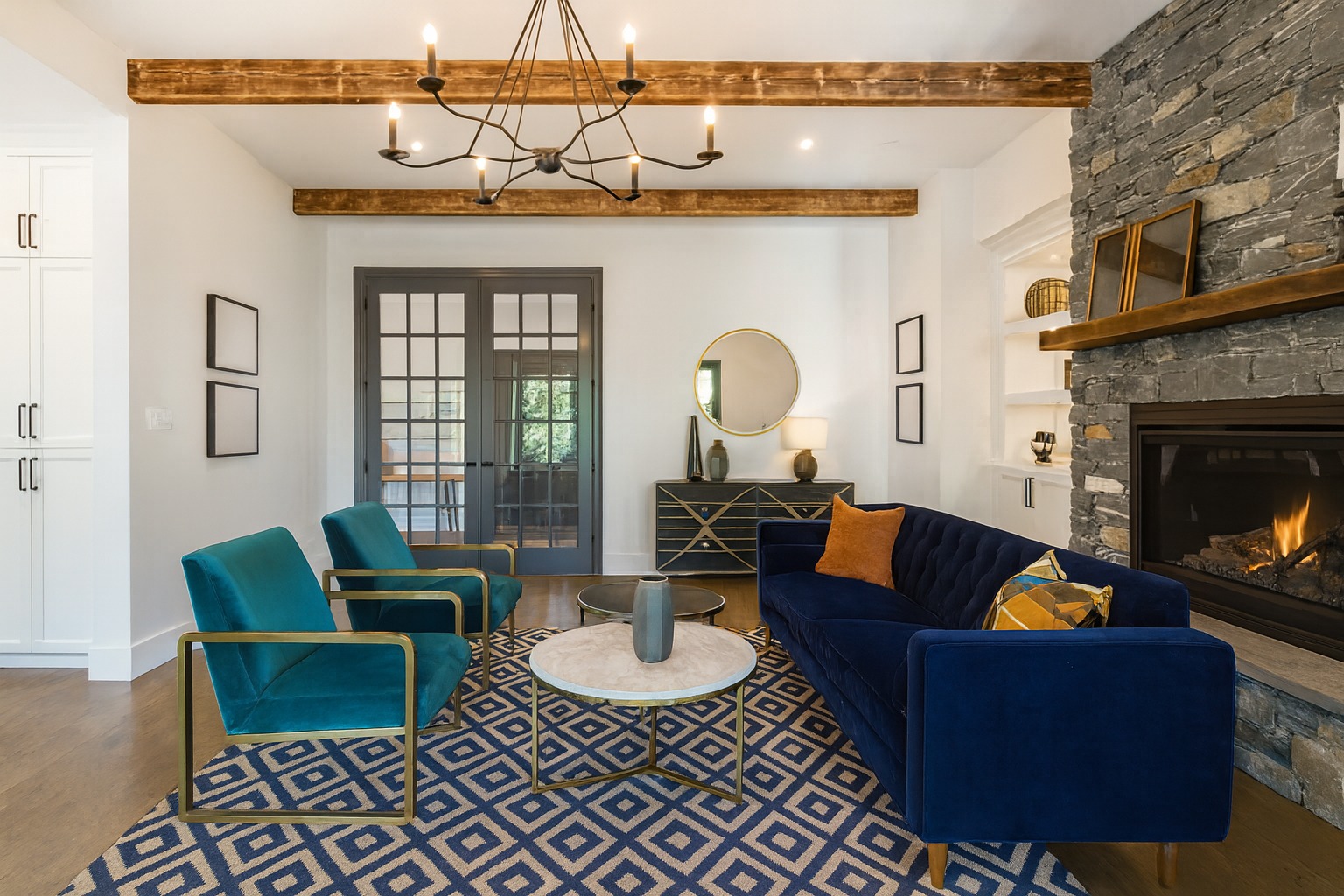 Same living room redesigned in an Art Deco style with decorative chairs and mirror